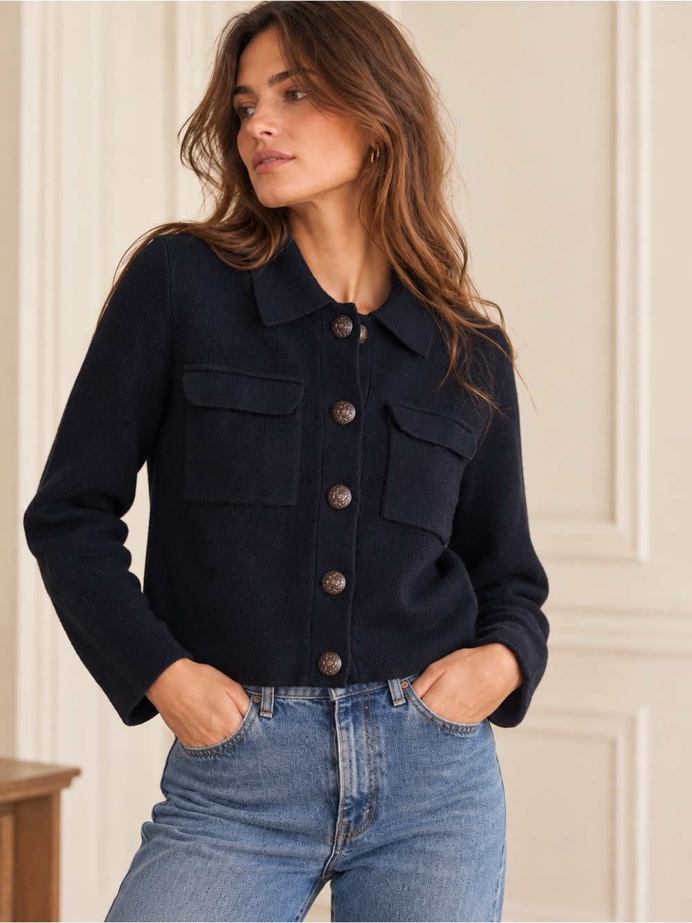 Sezane Betty Cardigan Merino Wool Black w/ Bronze Buttons XL